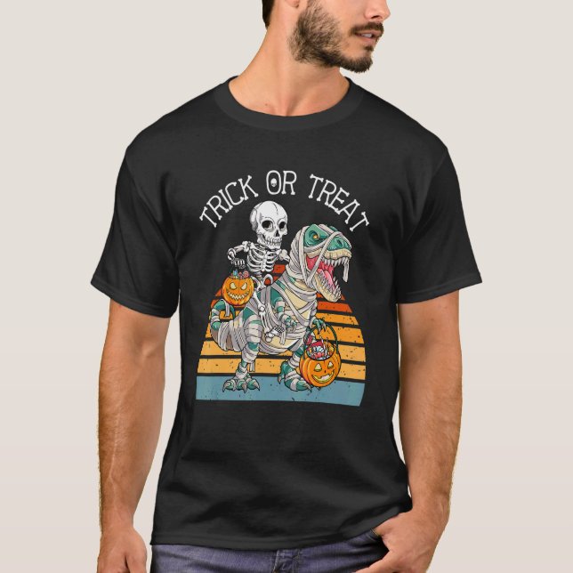 Skeleton Riding Rex Trick or Treat Kids Love Dinos T-Shirt (Front)