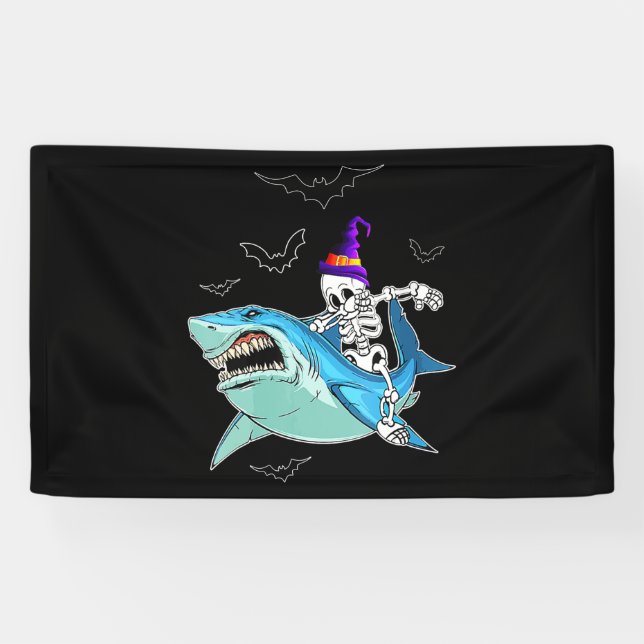Skeleton Riding Shark Funny - Crazy Halloween Gift Banner (Horizontal)