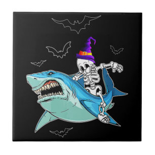 Skeleton Riding Shark Funny - Crazy Halloween Gift Ceramic Tile