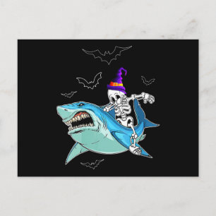 Skeleton Riding Shark Funny - Crazy Halloween Gift Postcard