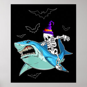 Skeleton Riding Shark Funny - Crazy Halloween Gift Poster