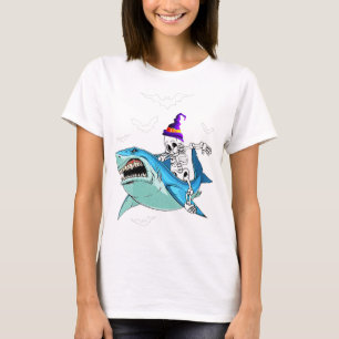 Skeleton Riding Shark Funny - Crazy Halloween Gift T-Shirt