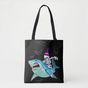 Skeleton Riding Shark Funny - Crazy Halloween Gift Tote Bag