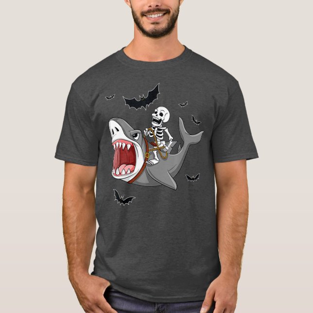 Skeleton Riding Shark Funny Halloween Boys Girls T-Shirt (Front)