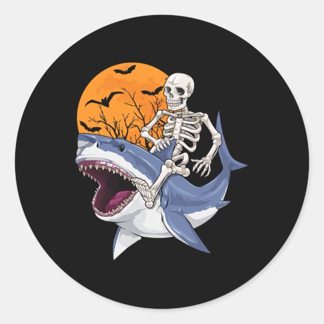 Skeleton Riding Shark Funny Halloween Costume Boys Classic Round Sticker (Front)