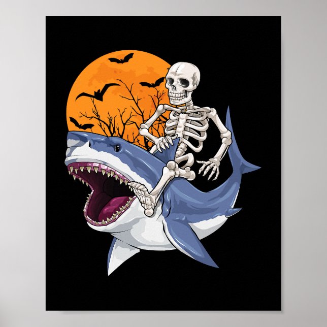 Skeleton Riding Shark Funny Halloween Costume Boys Poster (Front)