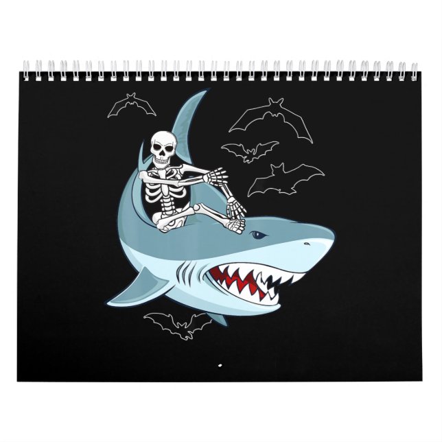 Skeleton Riding Shark Funny Halloween Gifts Calendar (Cover)