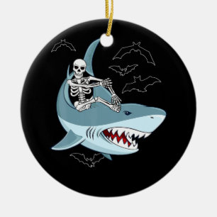 Skeleton Riding Shark Funny Halloween Gifts Ceramic Ornament