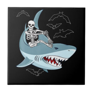Skeleton Riding Shark Funny Halloween Gifts Ceramic Tile