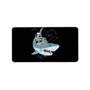 Skeleton Riding Shark Funny Halloween Gifts Label