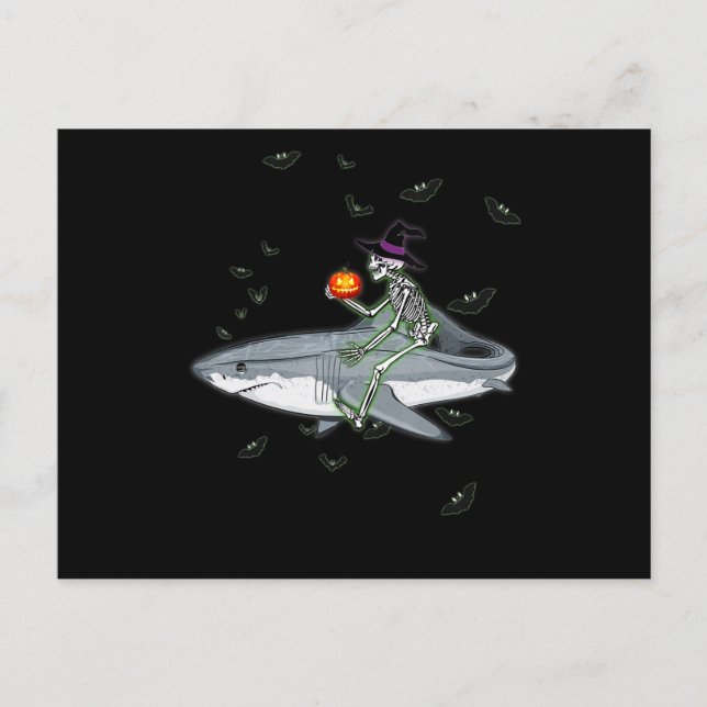 Skeleton Riding Shark - Funny Halloween Shark Gift Announcement Postcard (Front)