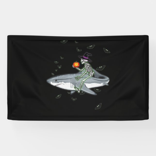 Skeleton Riding Shark - Funny Halloween Shark Gift Banner (Horizontal)