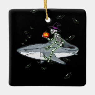 Skeleton Riding Shark - Funny Halloween Shark Gift Ceramic Ornament