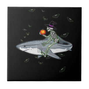 Skeleton Riding Shark - Funny Halloween Shark Gift Ceramic Tile