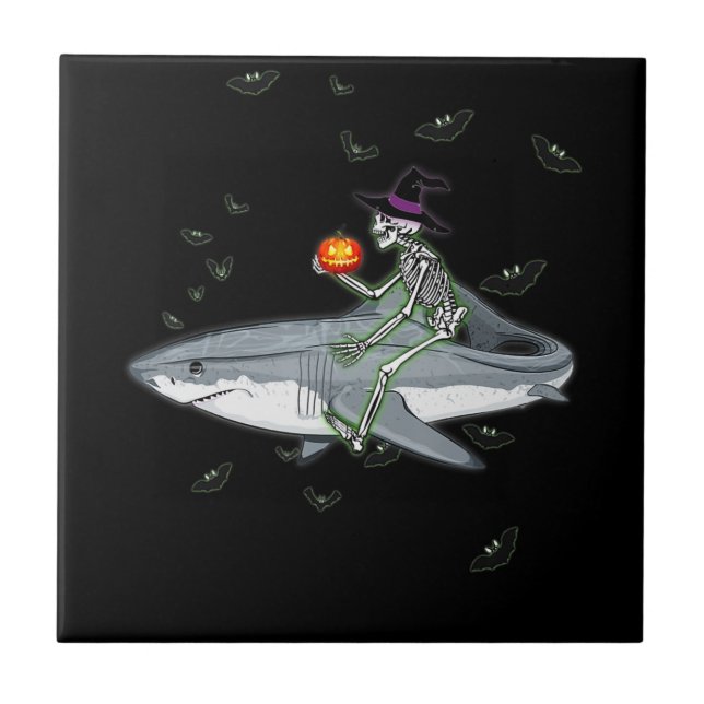 Skeleton Riding Shark - Funny Halloween Shark Gift Ceramic Tile (Front)