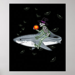 Skeleton Riding Shark - Funny Halloween Shark Gift Poster