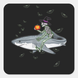Skeleton Riding Shark - Funny Halloween Shark Gift Square Sticker