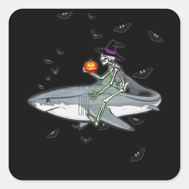 Skeleton Riding Shark - Funny Halloween Shark Gift Square Sticker (Front)