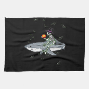 Skeleton Riding Shark - Funny Halloween Shark Gift Tea Towel