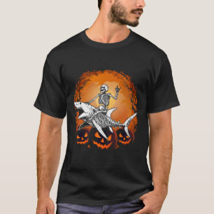 Skeleton Riding Shark Lazy Halloween Costume Funny T-Shirt