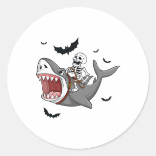Skeleton Riding Shark Scary Halloween Boys Girls K Classic Round Sticker
