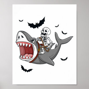 Skeleton Riding Shark Scary Halloween Boys Girls K Poster