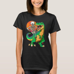 Skeleton Riding T Rex Halloween Kids Green Dinosau T-Shirt