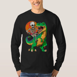 Skeleton Riding T Rex Halloween Kids Green Dinosau T-Shirt