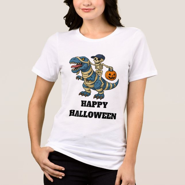 Skeleton Riding T-Rex Halloween Tri-Blend Shirt (Front)