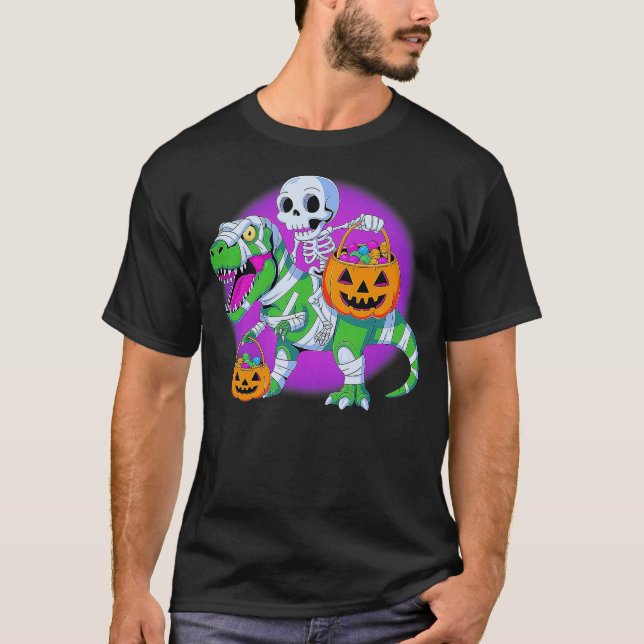 Skeleton Riding T-Rex Mummy Dinosaur Halloween Fun T-Shirt (Front)