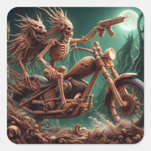 Skeleton Riding through the fire cave Square Sticker