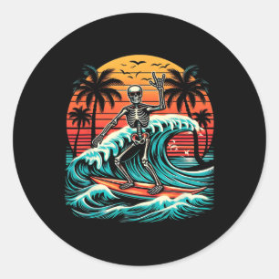 Skeleton Riding Wave Vintage Palm S Tree Beach Hal Classic Round Sticker