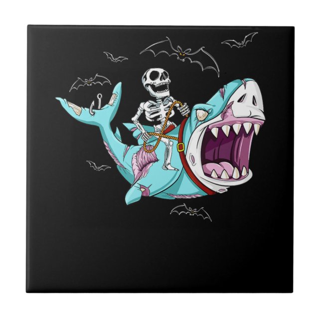 Skeleton Riding Zombie Shark Funny Halloween Gift Ceramic Tile (Front)