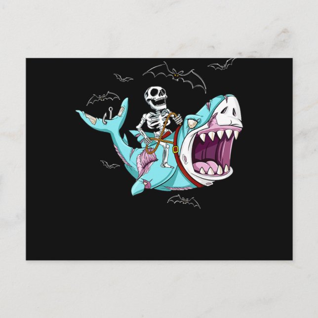 Skeleton Riding Zombie Shark Funny Halloween Gift Holiday Postcard (Front)