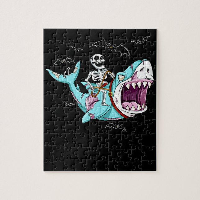 Skeleton Riding Zombie Shark Funny Halloween Gift Jigsaw Puzzle (Vertical)