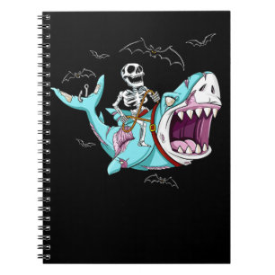Skeleton Riding Zombie Shark Funny Halloween Gift Notebook