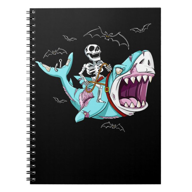 Skeleton Riding Zombie Shark Funny Halloween Gift Notebook (Front)