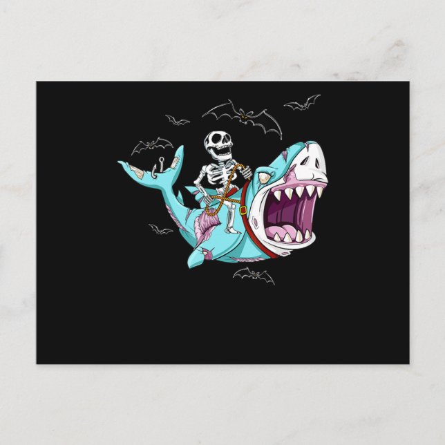 Skeleton Riding Zombie Shark Funny Halloween Gift Postcard (Front)