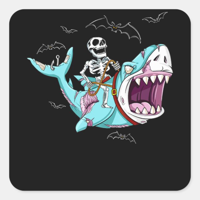 Skeleton Riding Zombie Shark Funny Halloween Gift Square Sticker (Front)