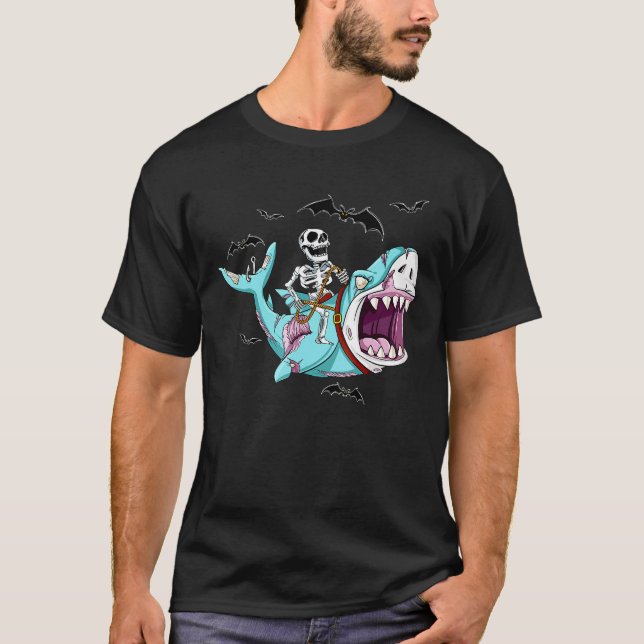 Skeleton Riding Zombie Shark Funny Halloween Gift T-Shirt (Front)
