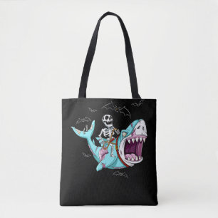 Skeleton Riding Zombie Shark Funny Halloween Gift Tote Bag