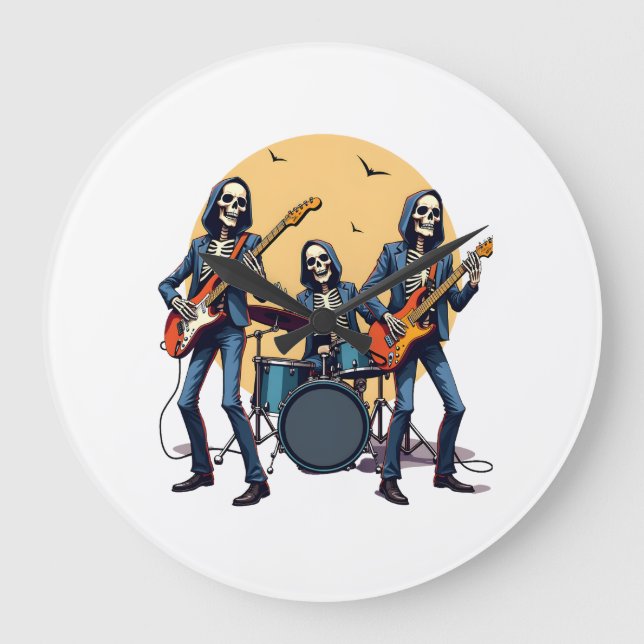 Skeleton Rock Band � Funny Halloween Shirt Large Clock (Front)