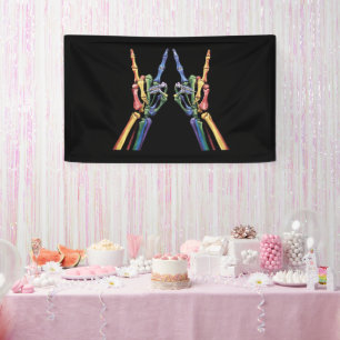 Skeleton Rock Hand LGBTQ Cool Rainbow Flag Gay  Banner