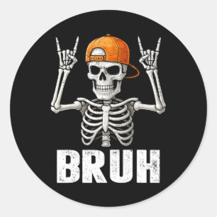 Skeleton Rock On Bruh Halloween For Mens Boys Kids Classic Round Sticker