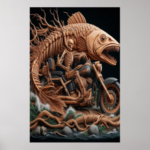 skeleton rode his chopper bike down trail poster