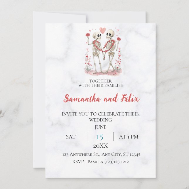 Skeleton Rose Garland Marble Wedding Invitation (Front)
