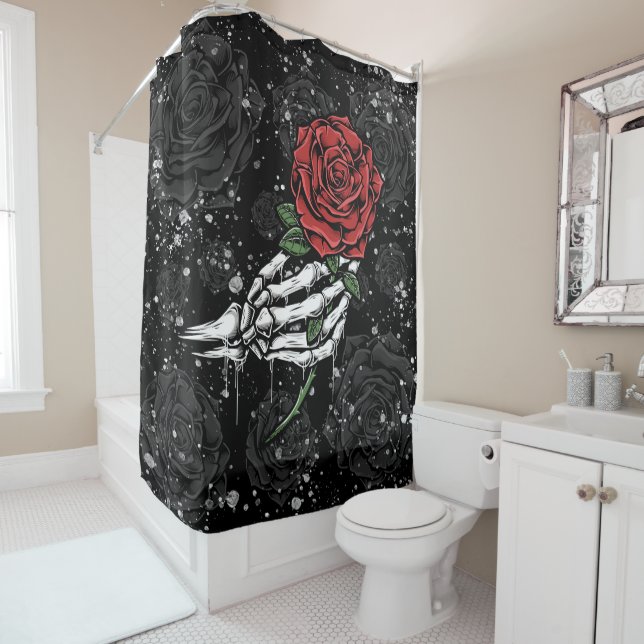 Skeleton Rose Offering Silver Black Gothic Glam Shower Curtain (In Situ)