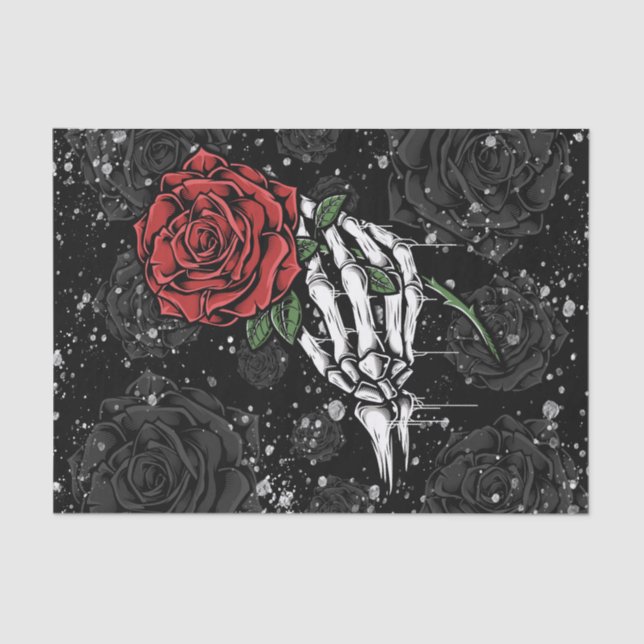 Skeleton Rose Offering Silver Black Gothic Glam Tissue Paper (Front)