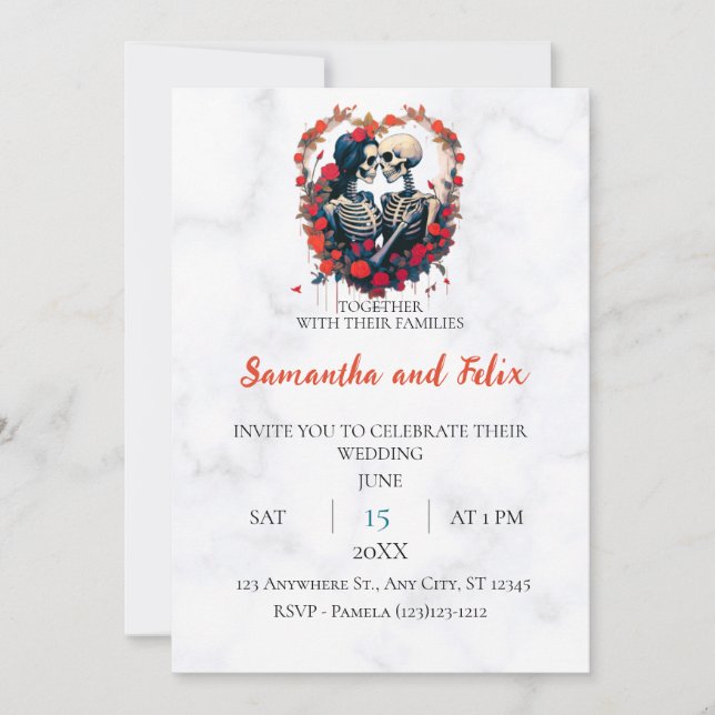 Skeleton Rose Oval Marble Wedding Invitation (Front)