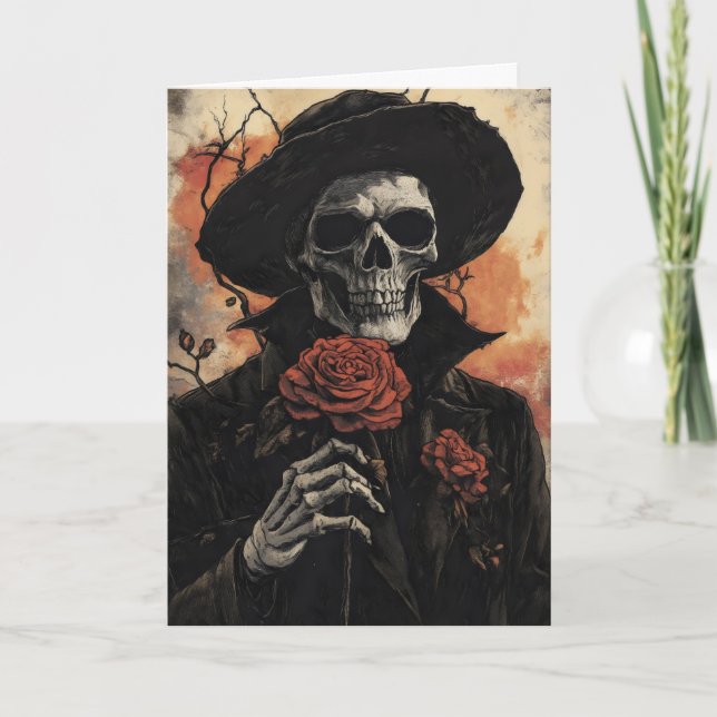 Skeleton Rose Romantic Holiday Card (Front)